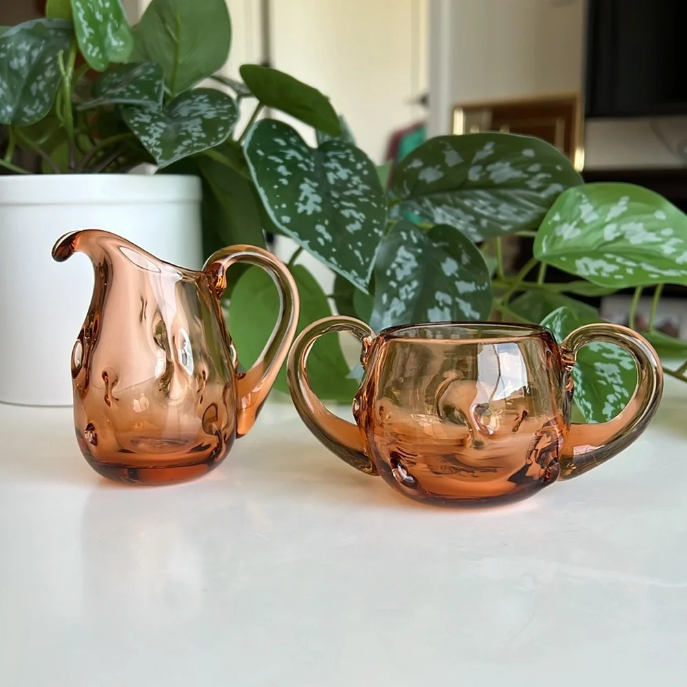Blown Glass Sugar & Creamer Small Mini Vases Match Holders Vintage